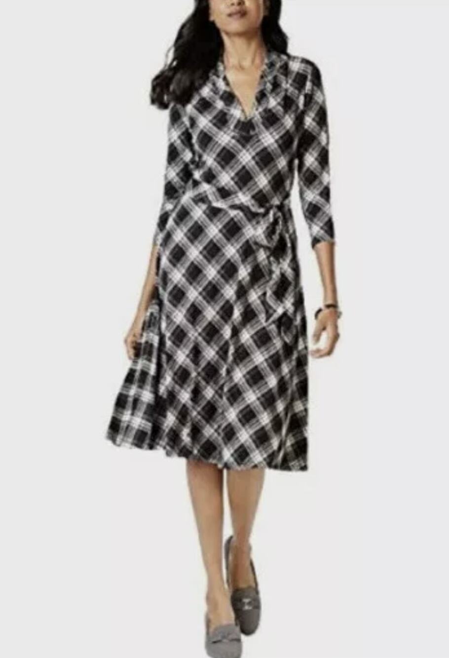 Charter Club Black/White Check Plaid V-Neck Dress Deep Black WMNS S Fit & Flare